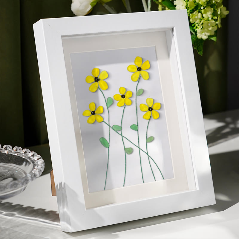 Handcrafted Yellow Flower Sea Glass Framed Art - image 2
