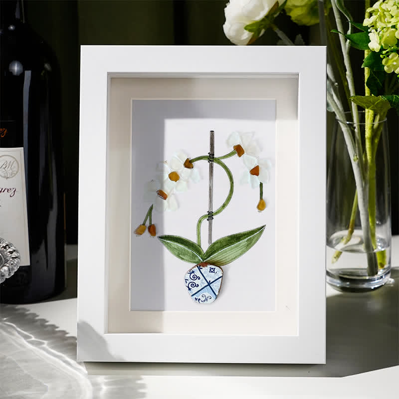 White Orchid Handmade Sea Glass Framed Art - White - 8" X 6" - image 1