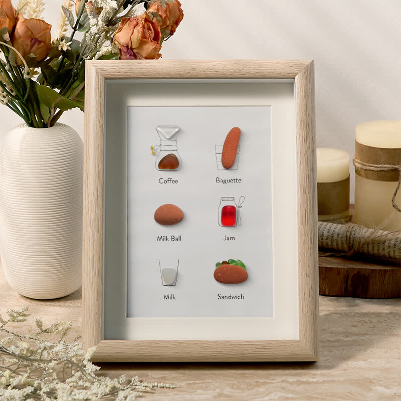 Breakfast Theme Bread Coffee Sea Glass Framed Art - Oak - 8" X 6" - image 0