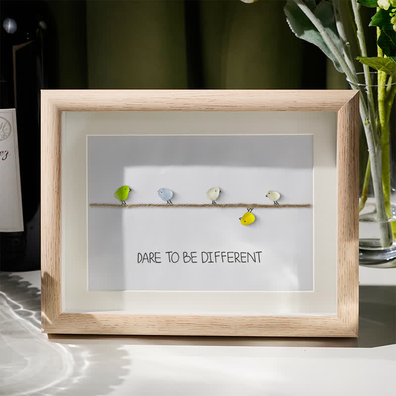 Dare to Be Different Cute Birds Sea Glass Framed Art - Oak - 6" X 8" - image 4