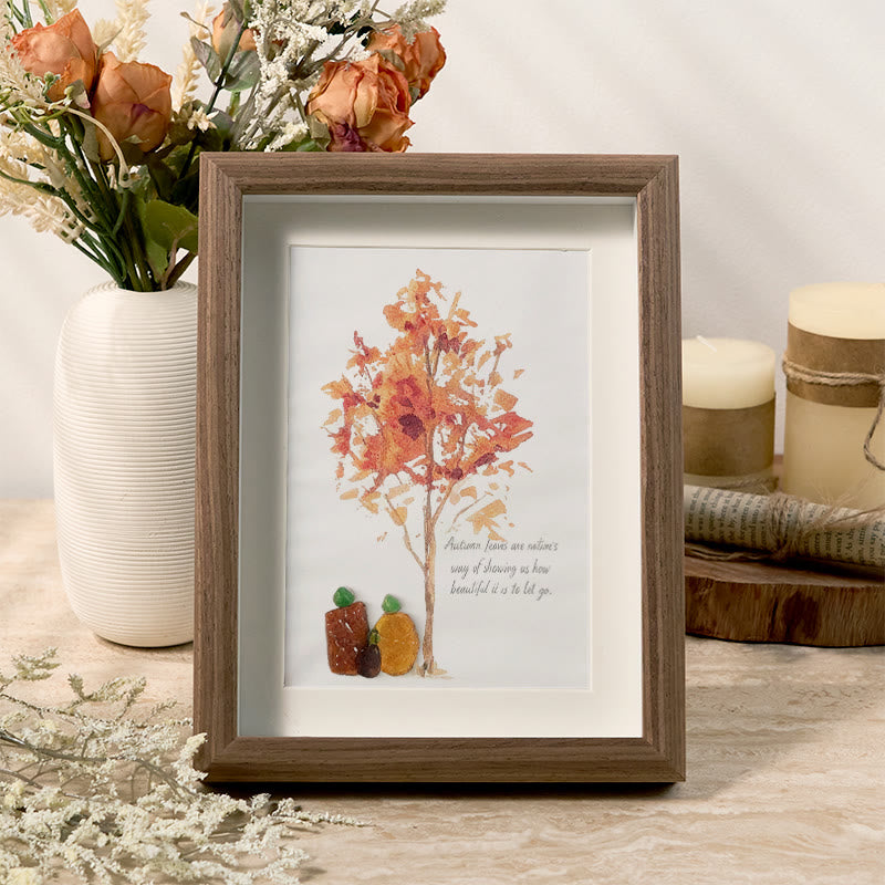 Autumn Quotes Fall Leaves Pumpkin Sea Glass Framed Art - Walnut Brown - 8" X 6" - image 0