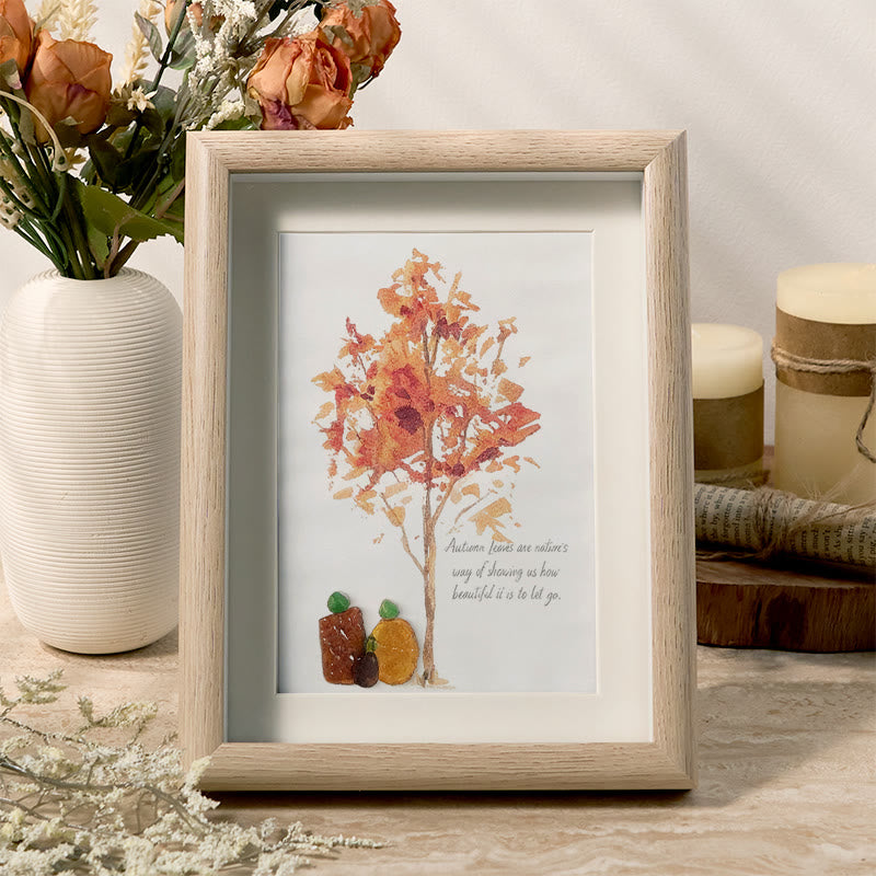 Autumn Quotes Fall Leaves Pumpkin Sea Glass Framed Art - Oak - 8" X 6" - image 4