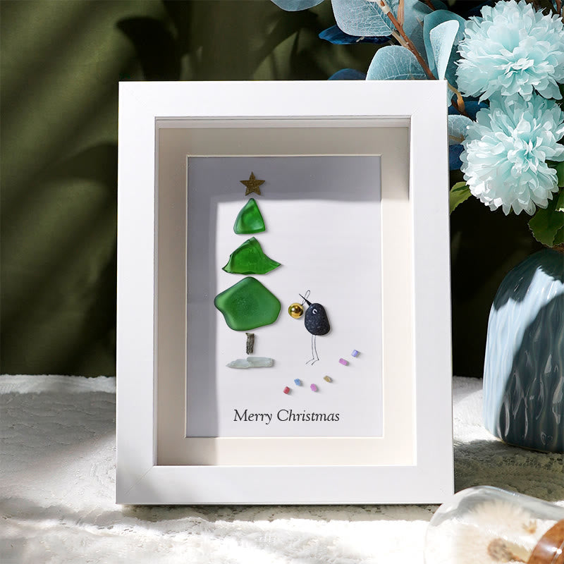 Christmas Tree Sea Glass Framed Art - White - 8" X 6" - image 0