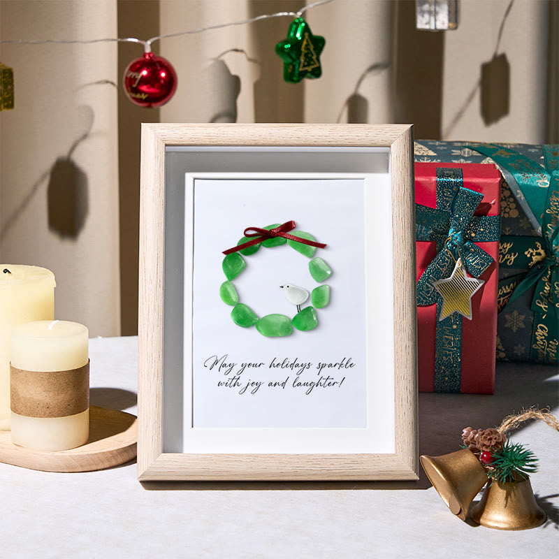 Christmas Wreath And Wreath Sea Glass Framed Art - Oak - 8" X 6" - image 0