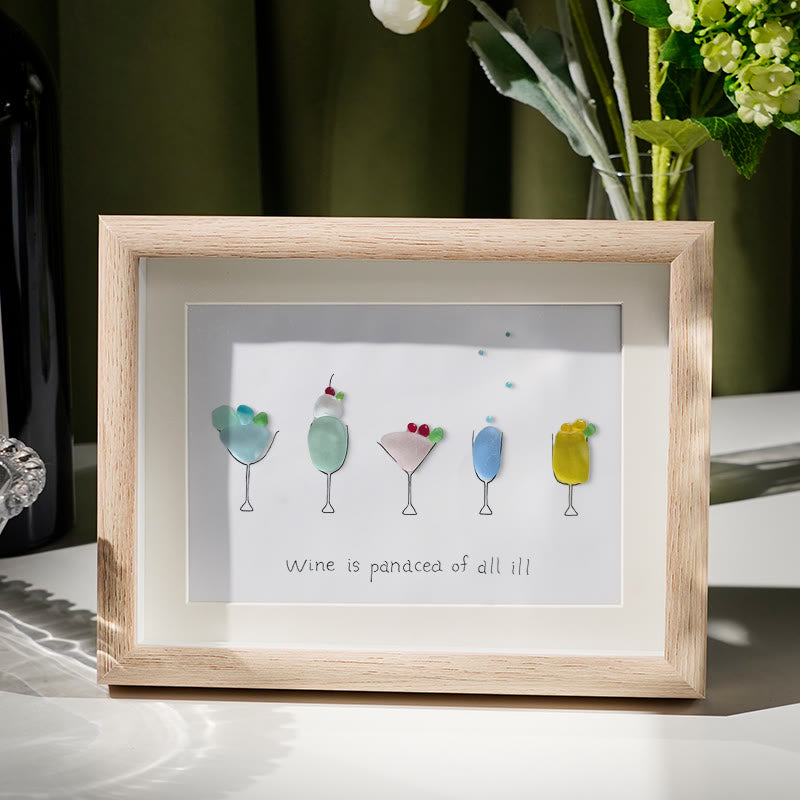 Wine is a panacea of all ill Sea Glass Framed Art - Oak - 6" X 8" - image 0