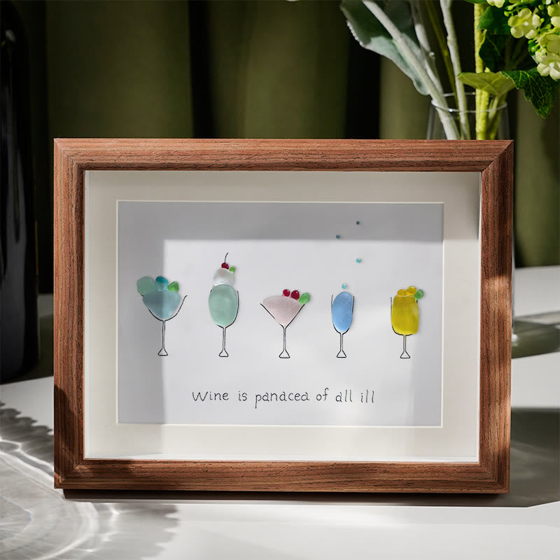 Wine is a panacea of all ill Sea Glass Framed Art - Walnut Brown - 6" X 8" - image 4