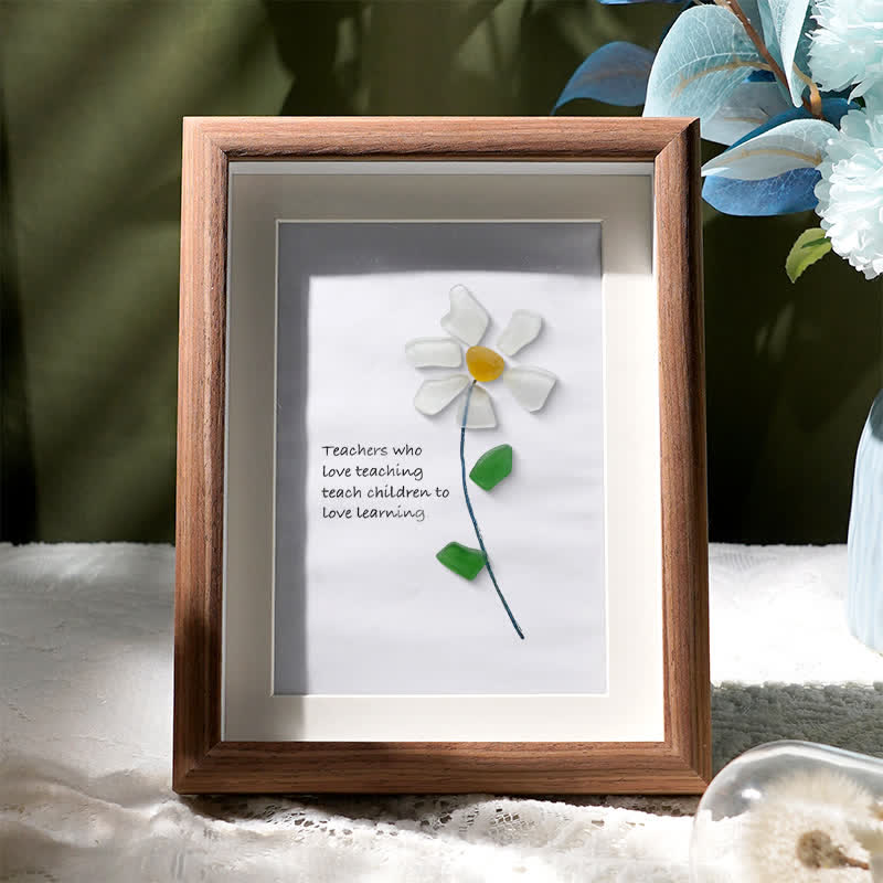 Teacher Gift Daisy Flower Sea Glass Framed Art - Walnut Brown - 8" X 6" - image 6