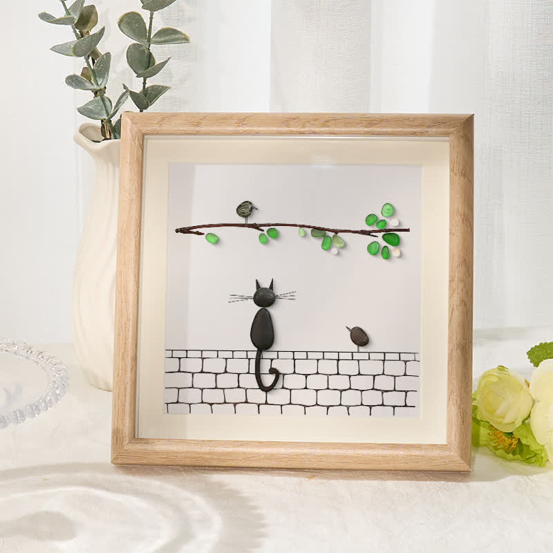 Cat Sea Glass Framed Art - Oak - 8" X 8" - image 6