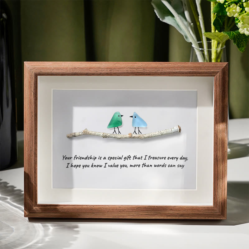 Handmade Friendship Quote With Birds Sea Glass Framed Art - Walnut Brown - 6" X 8" - image 5