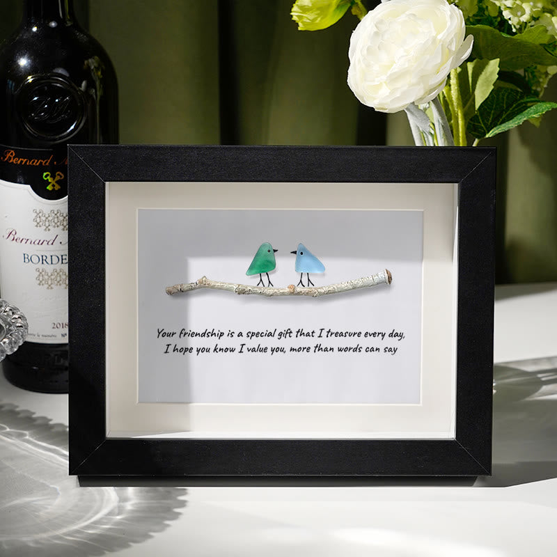 Handmade Friendship Quote With Birds Sea Glass Framed Art - Black - 6" X 8" - image 6