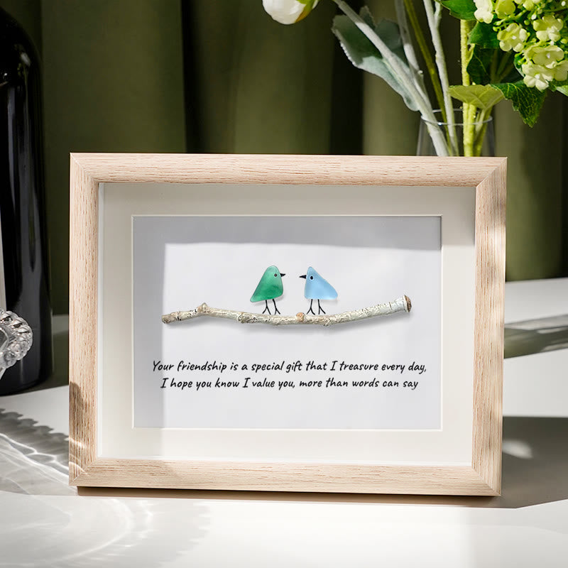 Handmade Friendship Quote With Birds Sea Glass Framed Art - Oak - 6" X 8" - image 1