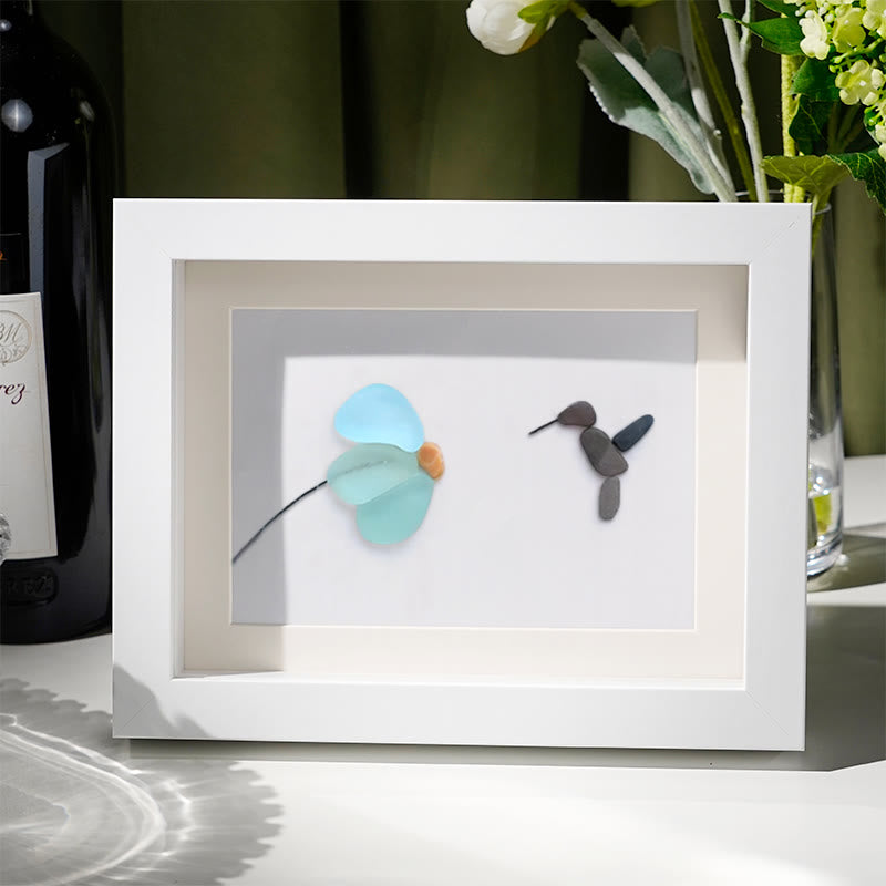 Mini Hummingbird And Flower Sea Glass Framed Art - White - 6" X 8" - image 4
