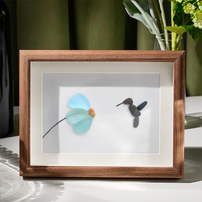 Mini Hummingbird And Flower Sea Glass Framed Art - Walnut Brown - 6" X 8" - image 6