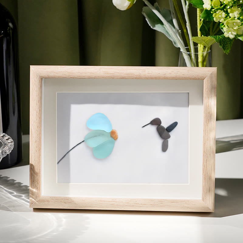 Mini Hummingbird And Flower Sea Glass Framed Art - Oak - 6" X 8" - image 5