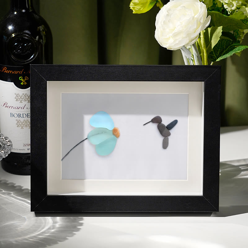 Mini Hummingbird And Flower Sea Glass Framed Art - Black - 6" X 8" - image 1