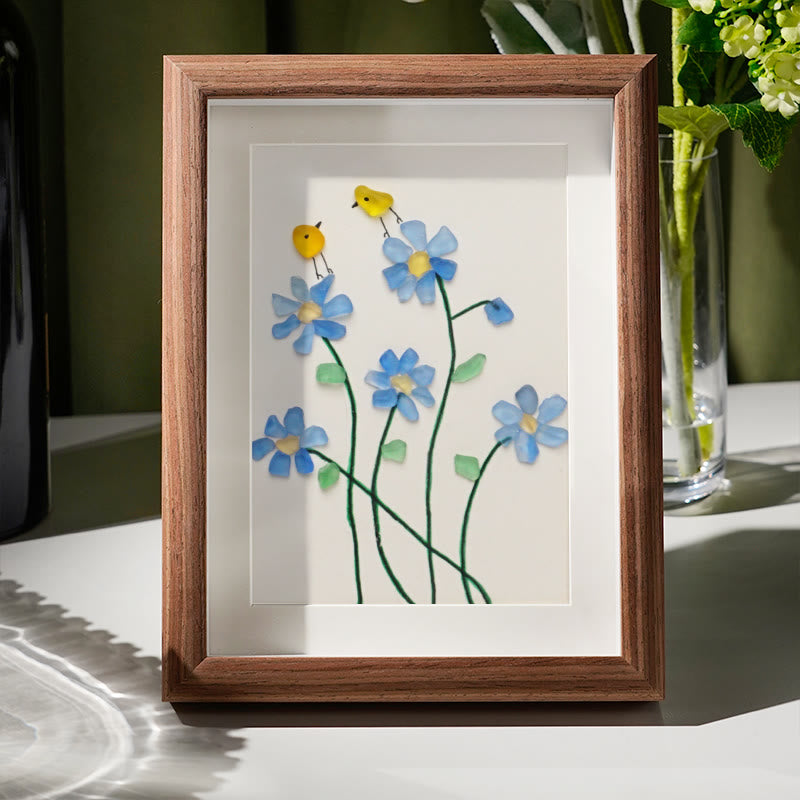 Forget Me Not Flower And Birds Sea Glass Framed Art - Walnut Brown - 8" X 6" - image 5