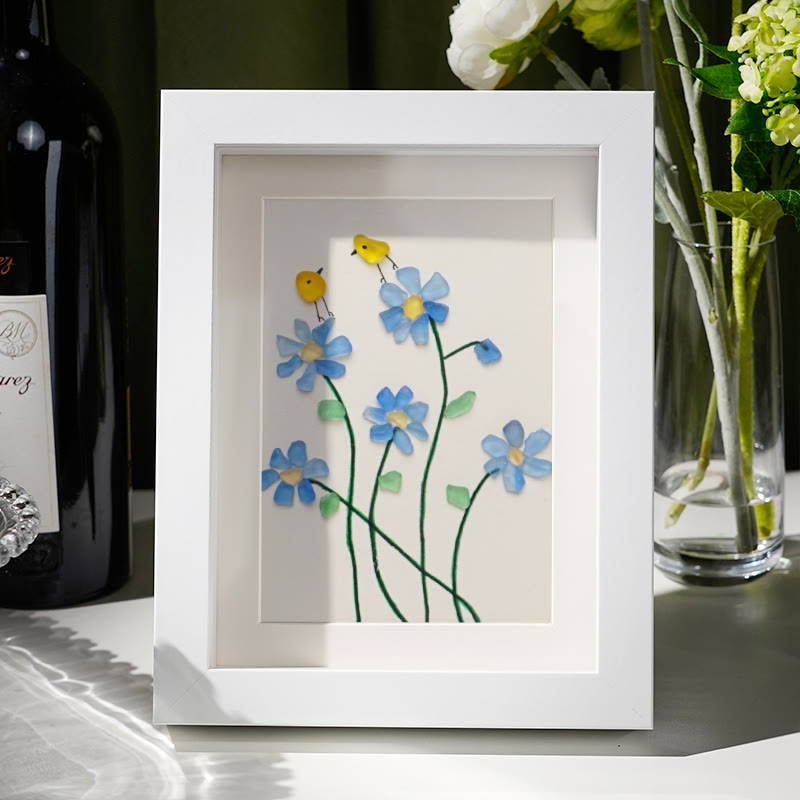 Forget Me Not Flower And Birds Sea Glass Framed Art - White - 8" X 6" - image 7