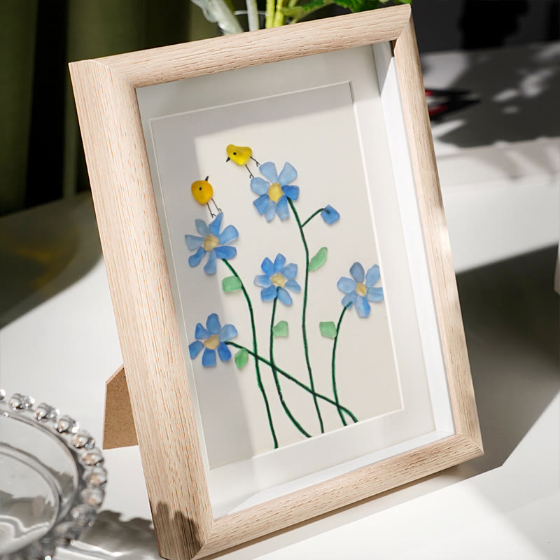 Forget Me Not Flower And Birds Sea Glass Framed Art - image 2