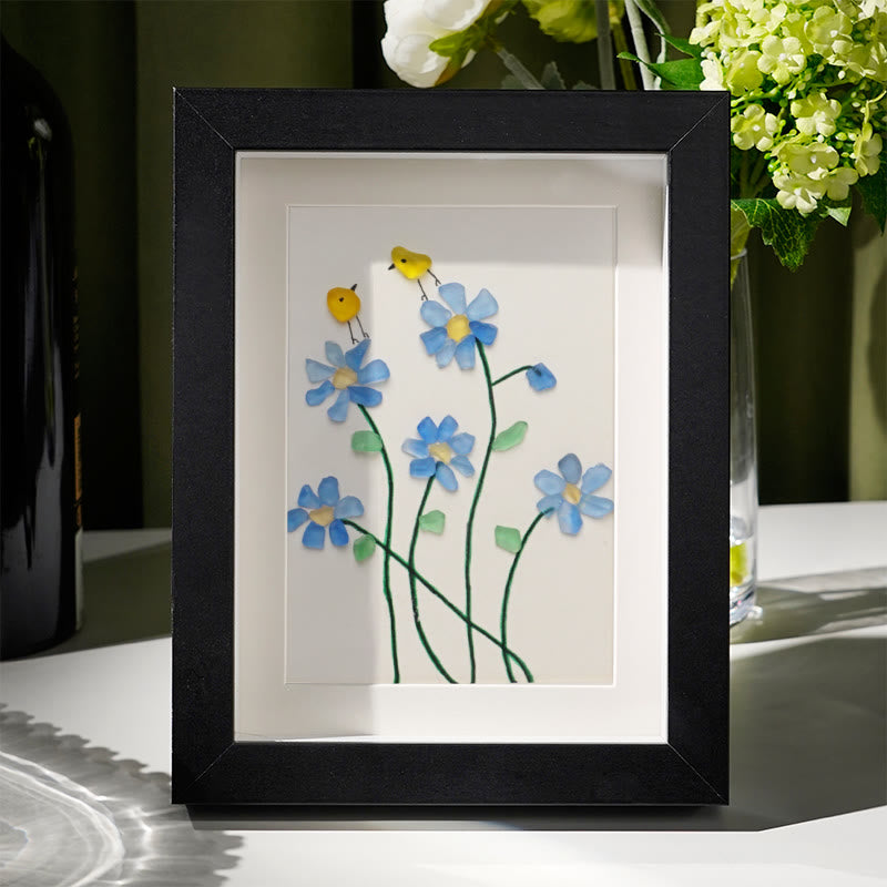Forget Me Not Flower And Birds Sea Glass Framed Art - Black - 8" X 6" - image 6