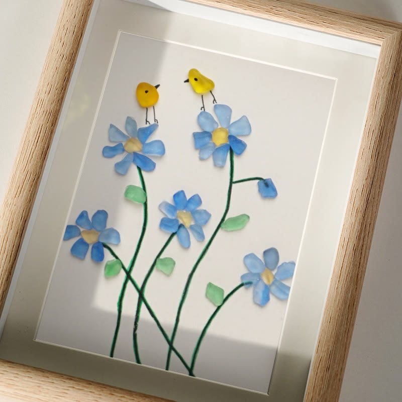 Forget Me Not Flower And Birds Sea Glass Framed Art - image 3