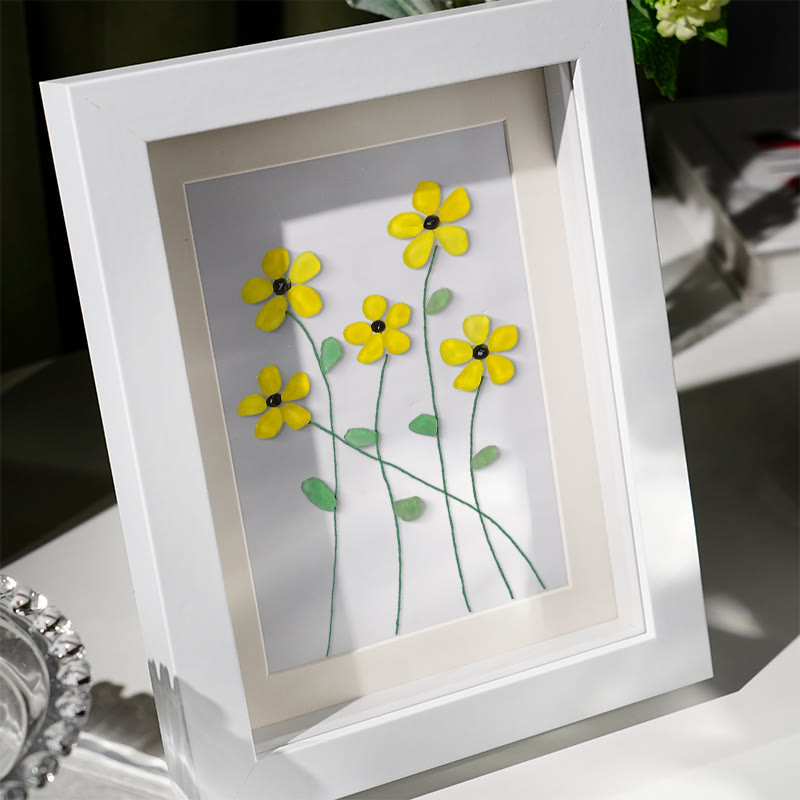 Handcrafted Yellow Flower Sea Glass Framed Art - image 3