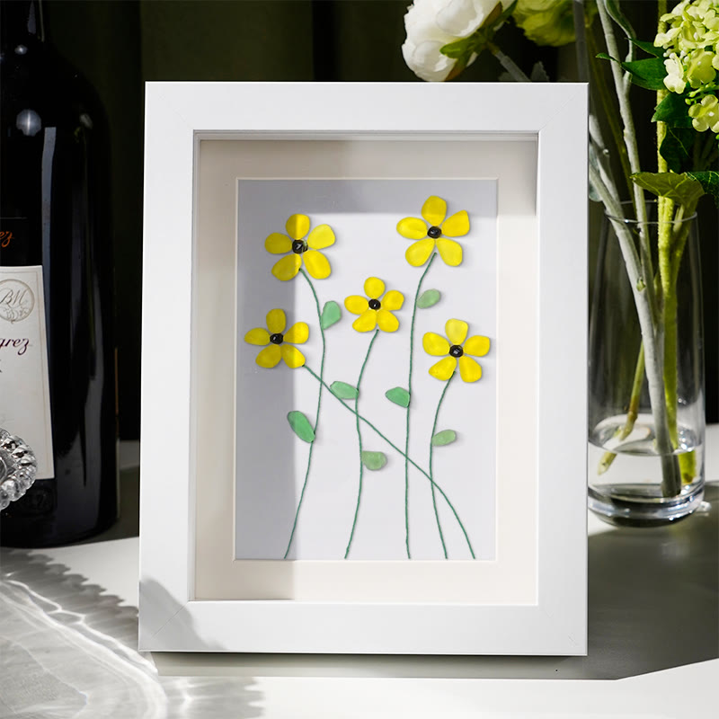 Handcrafted Yellow Flower Sea Glass Framed Art - White - 8" X 6" - image 1