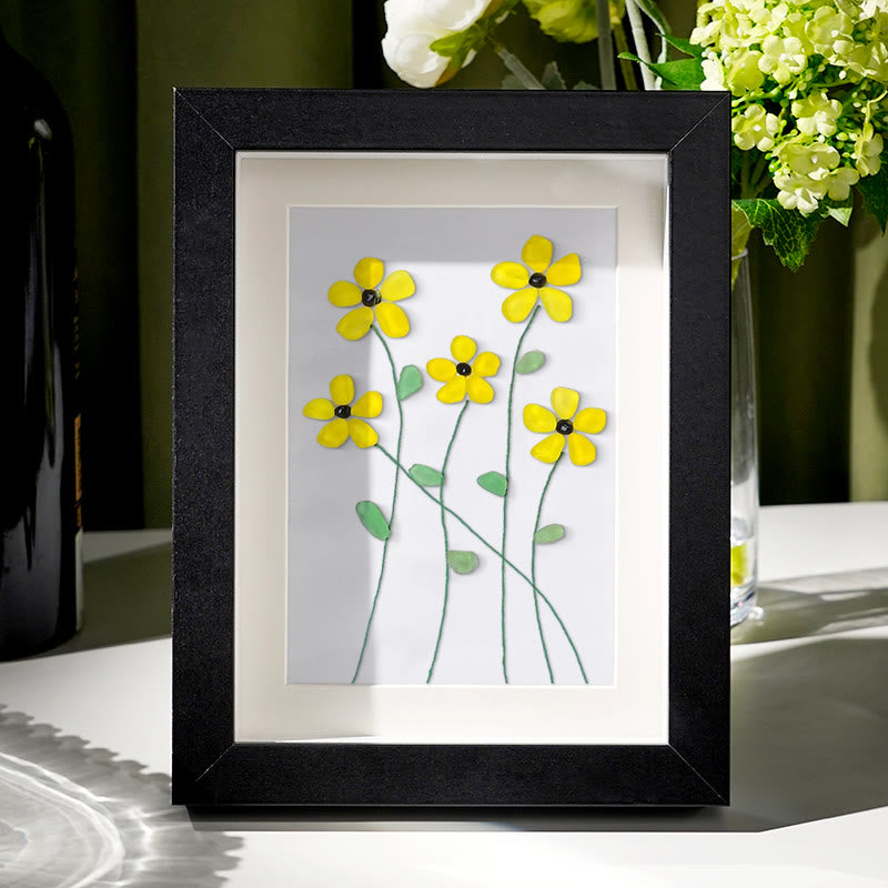 Handcrafted Yellow Flower Sea Glass Framed Art - Black - 8" X 6" - image 5