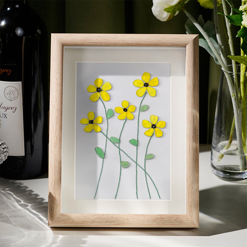 Handcrafted Yellow Flower Sea Glass Framed Art - Oak - 8" X 6" - image 6