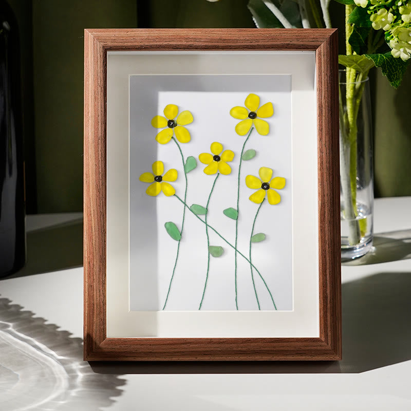 Handcrafted Yellow Flower Sea Glass Framed Art - Walnut Brown - 8" X 6" - image 7