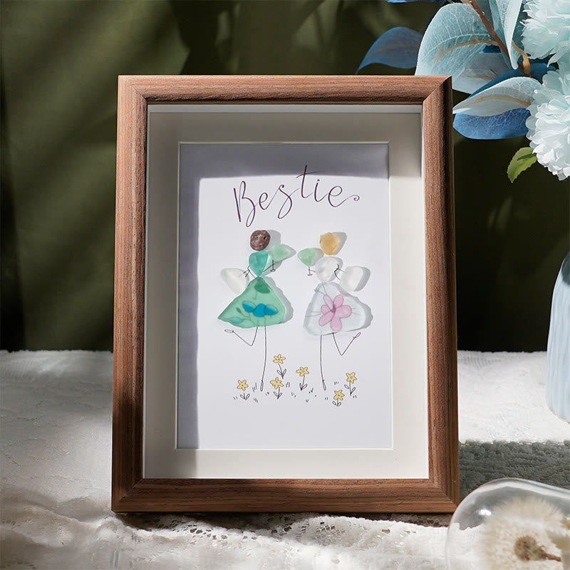 Cheers To My Bestie Sea Glass Framed Art - Walnut Brown - 8" X 6" - image 1
