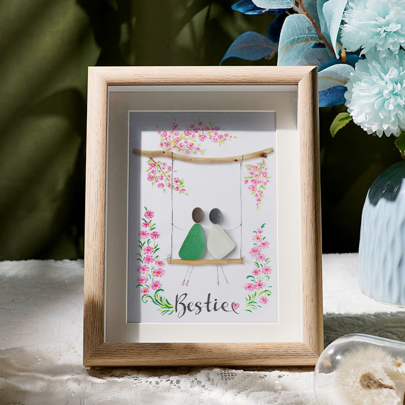 Bestie Sitting On The Swing Around Blossom Flower Sea Glass Framed Art - Oak - 8" X 6" - image 5