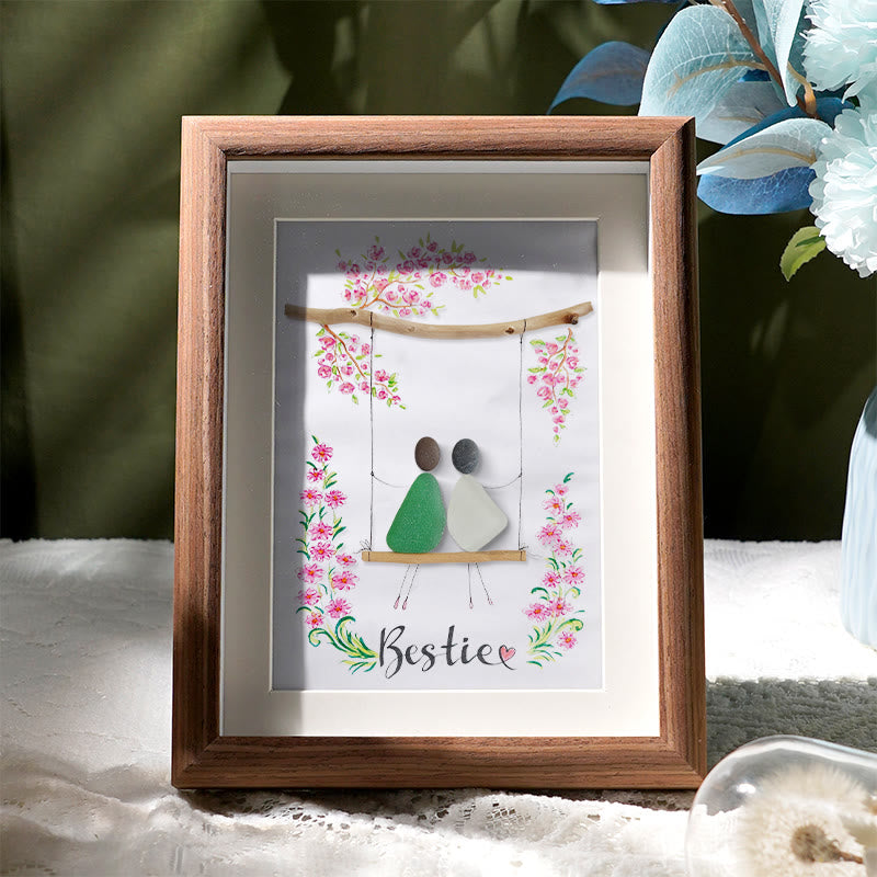 Bestie Sitting On The Swing Around Blossom Flower Sea Glass Framed Art - Walnut Brown - 8" X 6" - image 7