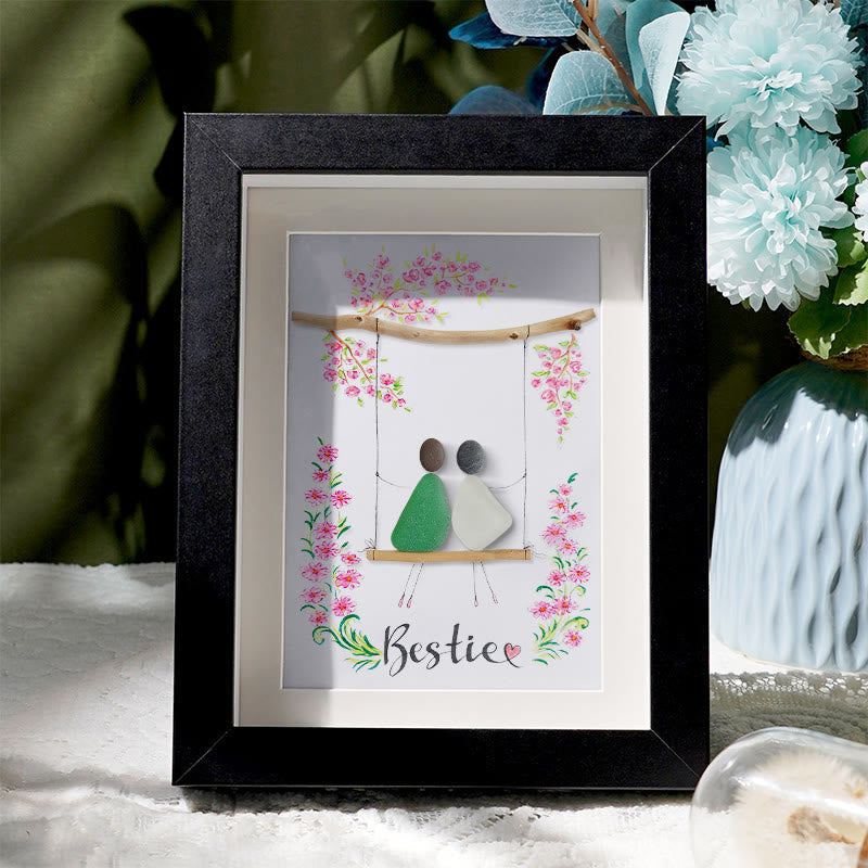 Bestie Sitting On The Swing Around Blossom Flower Sea Glass Framed Art - Black - 8" X 6" - image 5