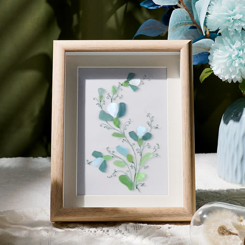 Green And White Fresh Flower Sea Glass Framed Art - Oak - 8" X 6" - image 6
