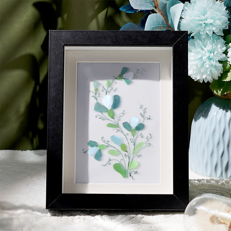 Green And White Fresh Flower Sea Glass Framed Art - Black - 8" X 6" - image 1