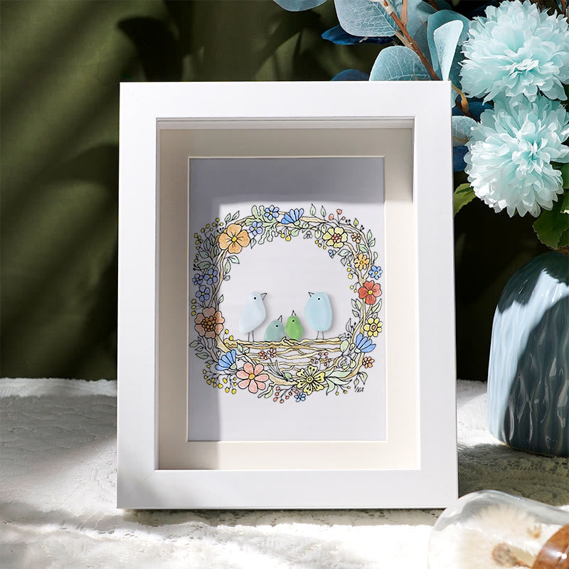 Family Birds In The Nest Sea Glass Framed Art - White - 8" X 6" - image 1
