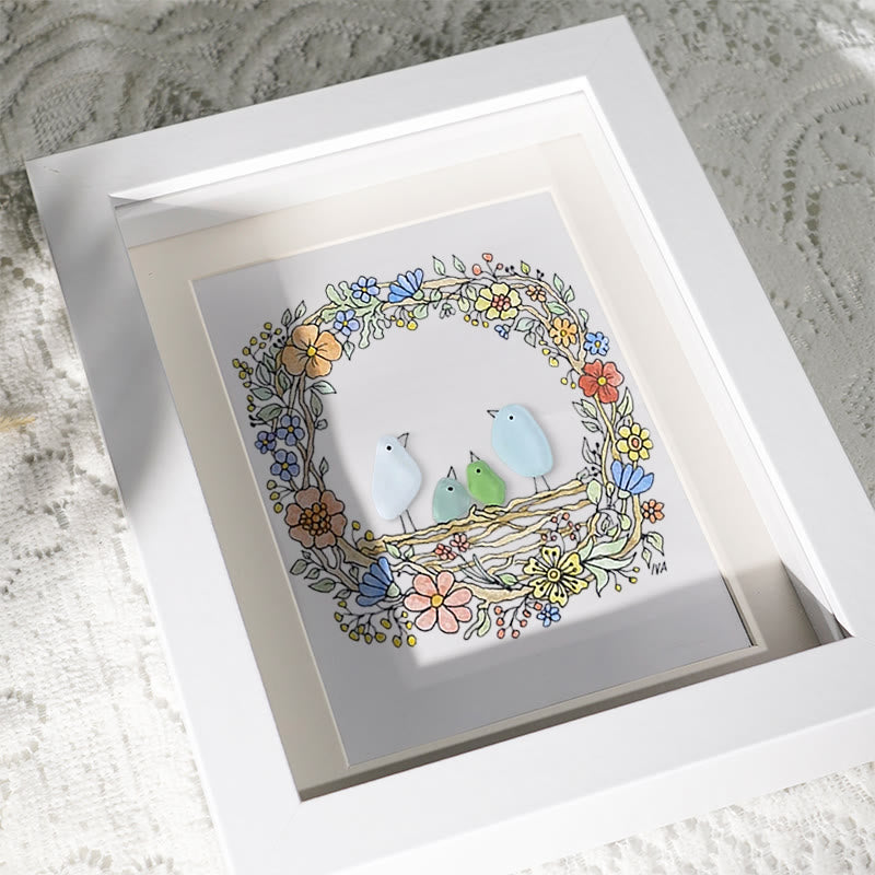 Family Birds In The Nest Sea Glass Framed Art - image 3