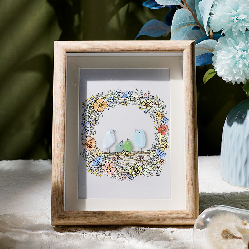 Family Birds In The Nest Sea Glass Framed Art - Oak - 8" X 6" - image 6