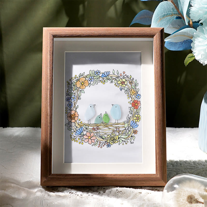 Family Birds In The Nest Sea Glass Framed Art - Walnut Brown - 8" X 6" - image 7