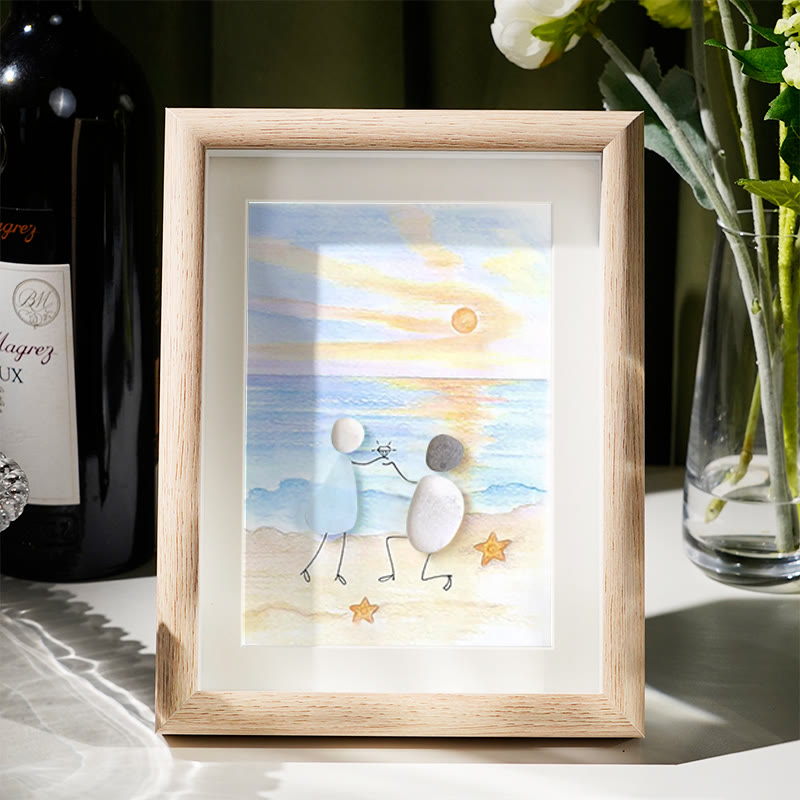 Proposal Engagement Couple Sea Glass Framed Art - Sunset - Oak - 8" X 6" - image 10