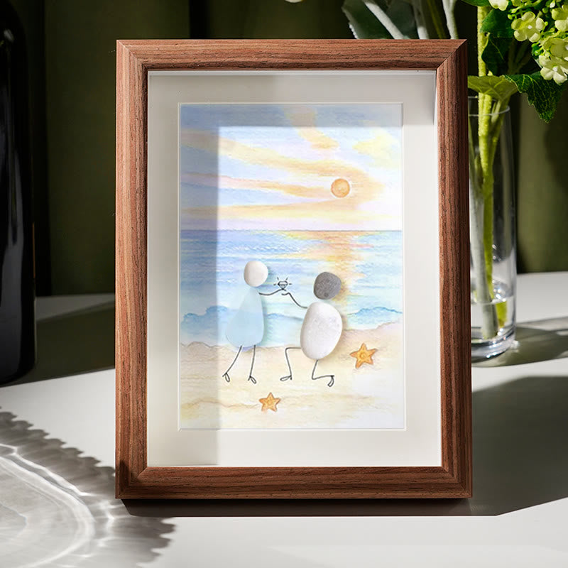 Proposal Engagement Couple Sea Glass Framed Art - Sunset - Walnut Brown - 8" X 6" - image 7