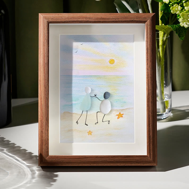 Proposal Engagement Couple Sea Glass Framed Art - Sunrise - Walnut Brown - 8" X 6" - image 6