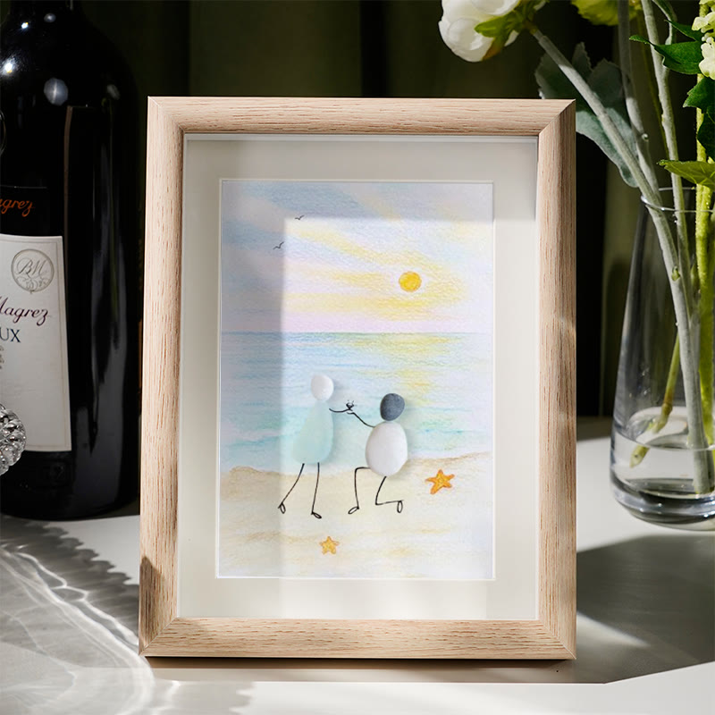 Proposal Engagement Couple Sea Glass Framed Art - Sunrise - Oak - 8" X 6" - image 5