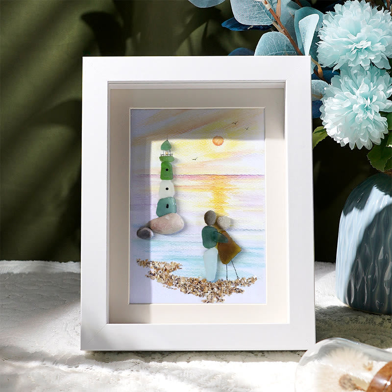 Couple Lighthouse Sunset Sea Glass Framed Art - White - 8" X 6" - image 5