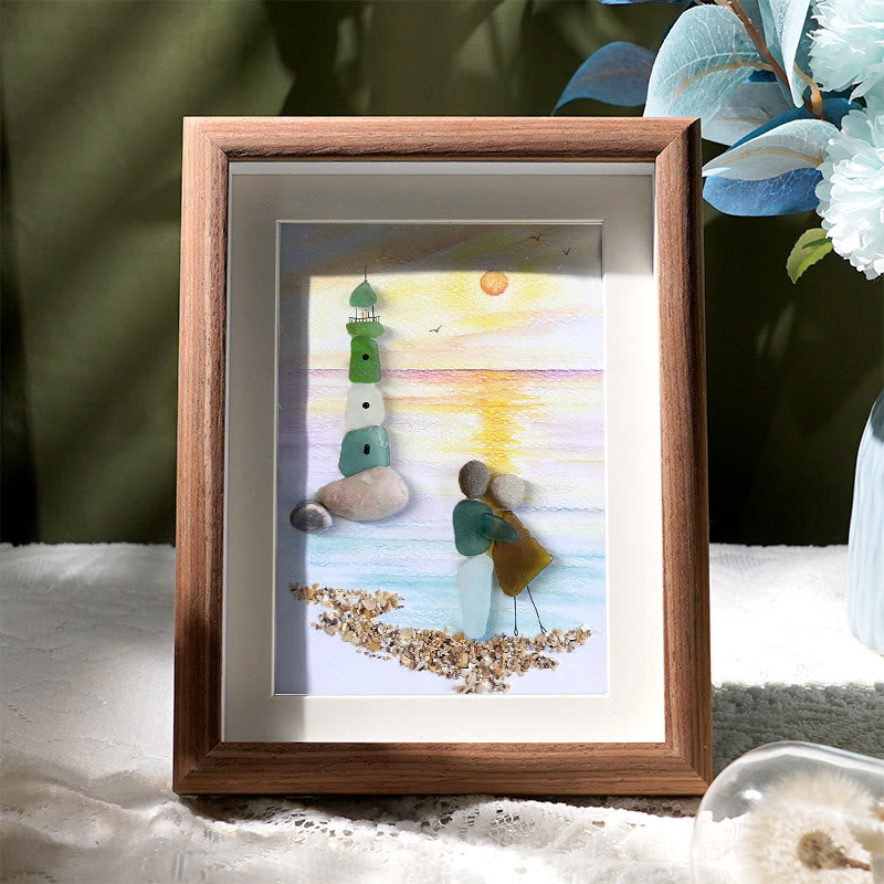 Couple Lighthouse Sunset Sea Glass Framed Art - Walnut Brown - 8" X 6" - image 7