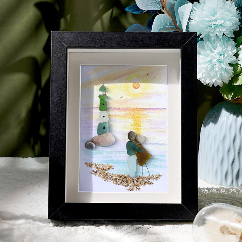 Couple Lighthouse Sunset Sea Glass Framed Art - Black - 8" X 6" - image 1