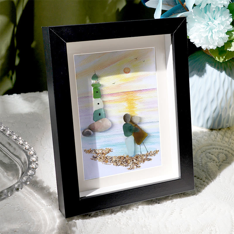 Couple Lighthouse Sunset Sea Glass Framed Art - image 2