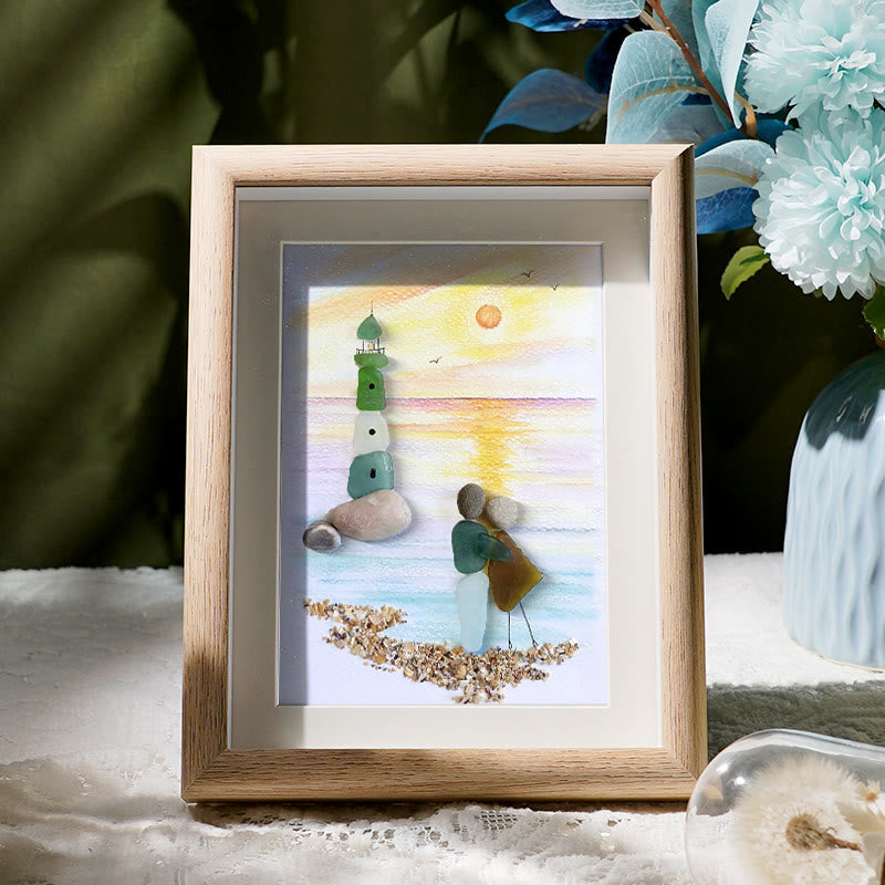 Couple Lighthouse Sunset Sea Glass Framed Art - Oak - 8" X 6" - image 6