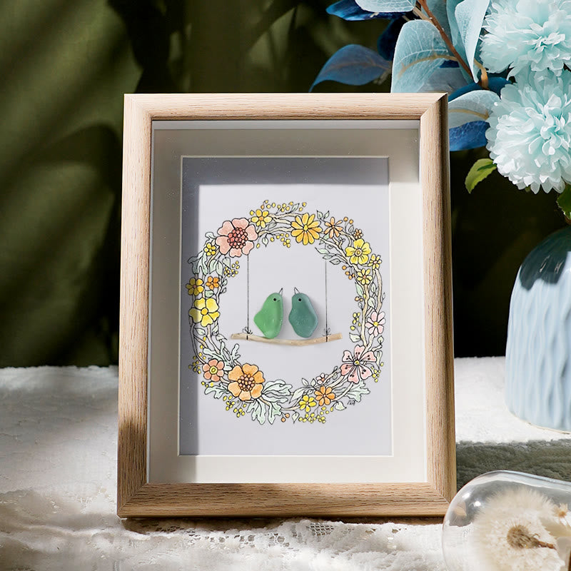 Birds On The Swing Sea Glass Framed Art - Oak - 8" X 6" - image 1