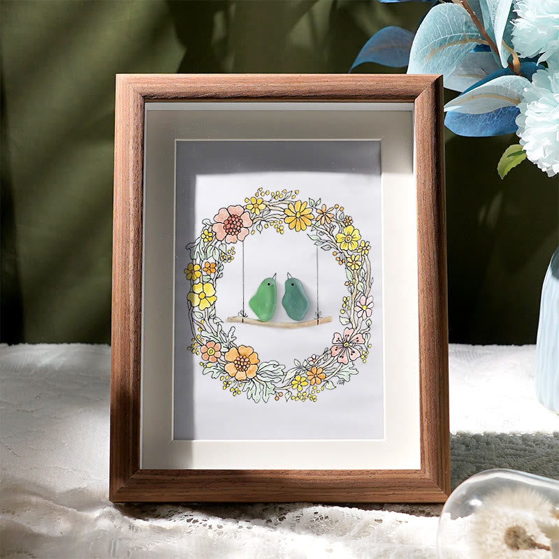 Birds On The Swing Sea Glass Framed Art - Walnut Brown - 8" X 6" - image 5